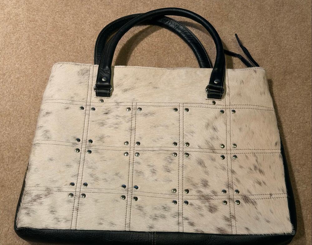 Vintage Montana Black & White Hairon Cowhide Leather Studded Satchel Tote Bag